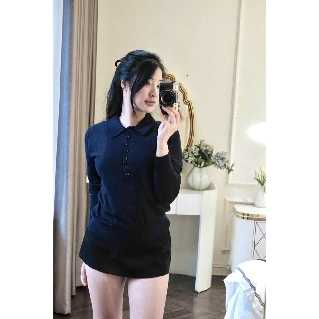 (Mới 2025) Áo len dài tay dệt kim cổ polo xanh than 7 cúc cao cấp, chất len mềm mịn hot hit