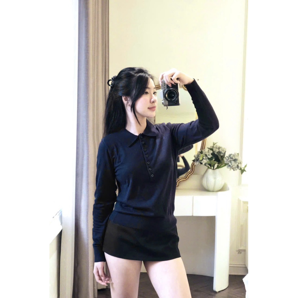 (Mới 2025) Áo len dài tay dệt kim cổ polo xanh than 7 cúc cao cấp, chất len mềm mịn hot hit