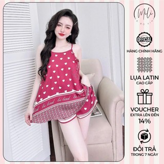 Bộ Ngủ Nữ, Đồ Bộ Mặc Nhà Lụa Latin Cao Cấp MiLi – Yếm 2 Dây Nút Bọc Sang Trọng, Quần Đùi Có Túi, Họa Tiết Xinh Xắn