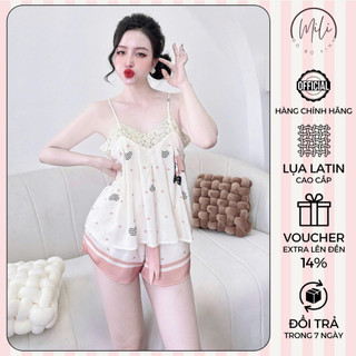 Đồ Bộ Nữ Mặc Nhà, Đồ Ngủ Lụa Latin Cao Cấp MiLi – Áo 2 Dây Phối Ren Xếp Ly, Quần Đùi Thắt Nơ Có Túi