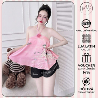 Đồ Bộ Nữ Mặc Nhà MiLi – Yếm Dây Phối Nơ Ngực, Quần Có Túi, Vải Lụa Latin Cao Cấp, Họa Tiết Dễ Thương, Đồ Ngủ Xinh