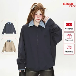 Áo khoác nam nữ GRADPOPU phong cách Mỹ cổ caro tháo rời ve giả hai mảnh dáng rộng xu hướng 2025 AK104