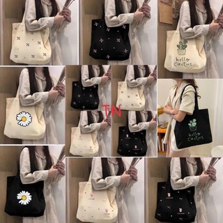 Túi tote vải canvas nữ in hoạ tiết hoa cúc cute Cactus Gấu Bow phong cách Hàn Quốc đi học đi chơi. Hạo Khoa shop