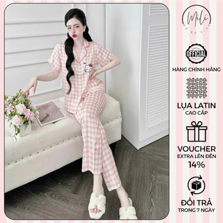Đồ Bộ Pijama, TAY NGẮN CARO, Túi Áo In 3D Hoạt Hình. Quần Dài Có Túi. Vải Lụa Latin Cao Cấp.