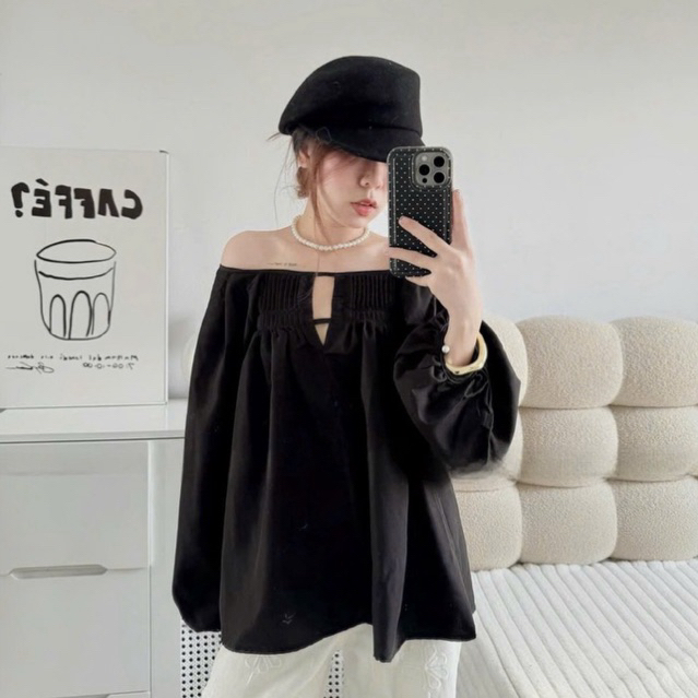 Áo babydoll trễ vai tay bồng thiết kế viền dập ly cách điệu , Áo kiểu nữ hở vai thiết kế đơn giản dễ phối • MIU.STUDIO
