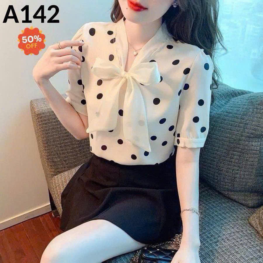Áo Sơ Mi Nữ Lụa Mango Chấm Bi Cổ Nơ Dễ Thương Thanh Lịch Công Sở - A142