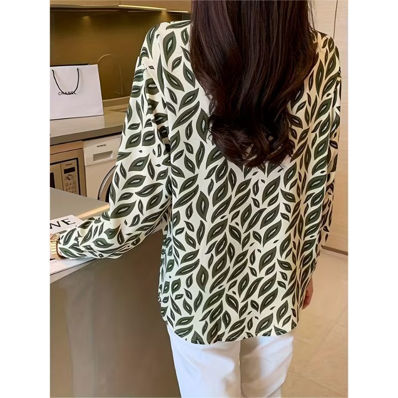 Áo Sơ Mi Nữ Lụa Mango Dài Tay Họa Tiết Lá Xanh Thanh Lịch Công Sở - A159