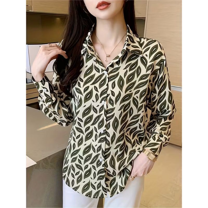 Áo Sơ Mi Nữ Lụa Mango Dài Tay Họa Tiết Lá Xanh Thanh Lịch Công Sở - A159