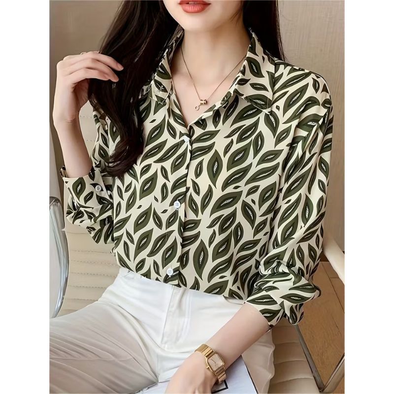 Áo Sơ Mi Nữ Lụa Mango Dài Tay Họa Tiết Lá Xanh Thanh Lịch Công Sở - A159