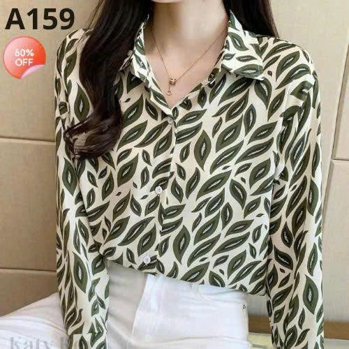 Áo Sơ Mi Nữ Lụa Mango Dài Tay Họa Tiết Lá Xanh Thanh Lịch Công Sở - A159
