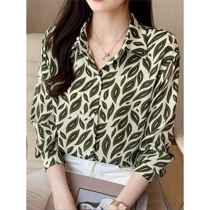 Áo Sơ Mi Nữ Lụa Mango Dài Tay Họa Tiết Lá Xanh Thanh Lịch Công Sở - A159