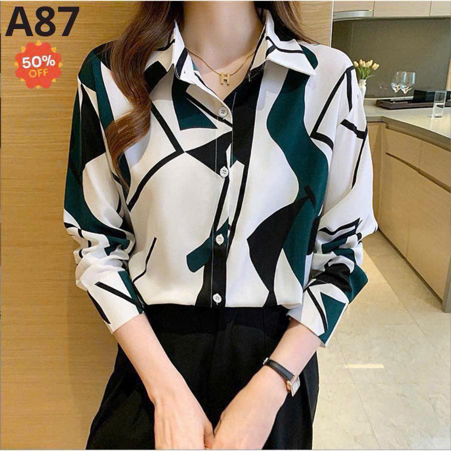 Áo Sơ Mi Nữ Lụa Mango Dài Tay Họa Tiết Trừu Tượng Sang Trọng Công Sở - A87