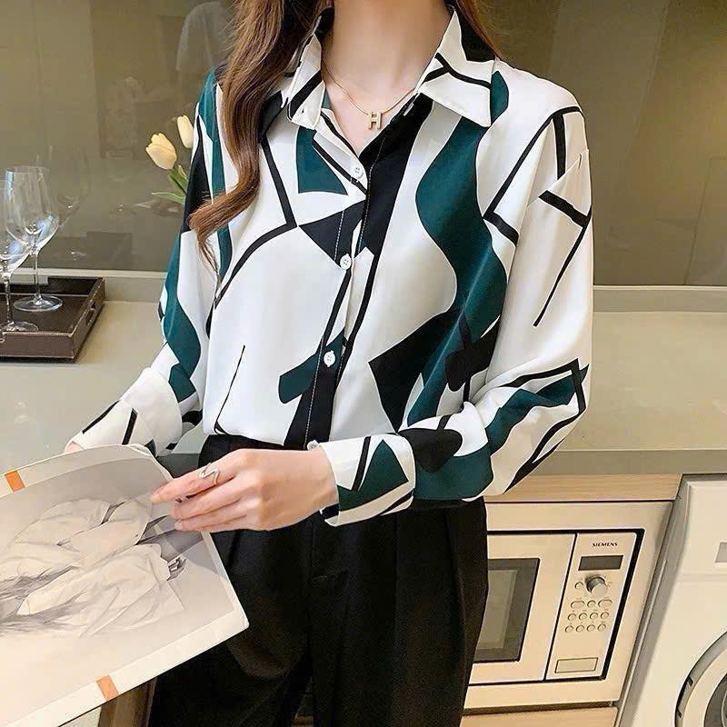 Áo Sơ Mi Nữ Lụa Mango Dài Tay Họa Tiết Trừu Tượng Sang Trọng Công Sở - A87