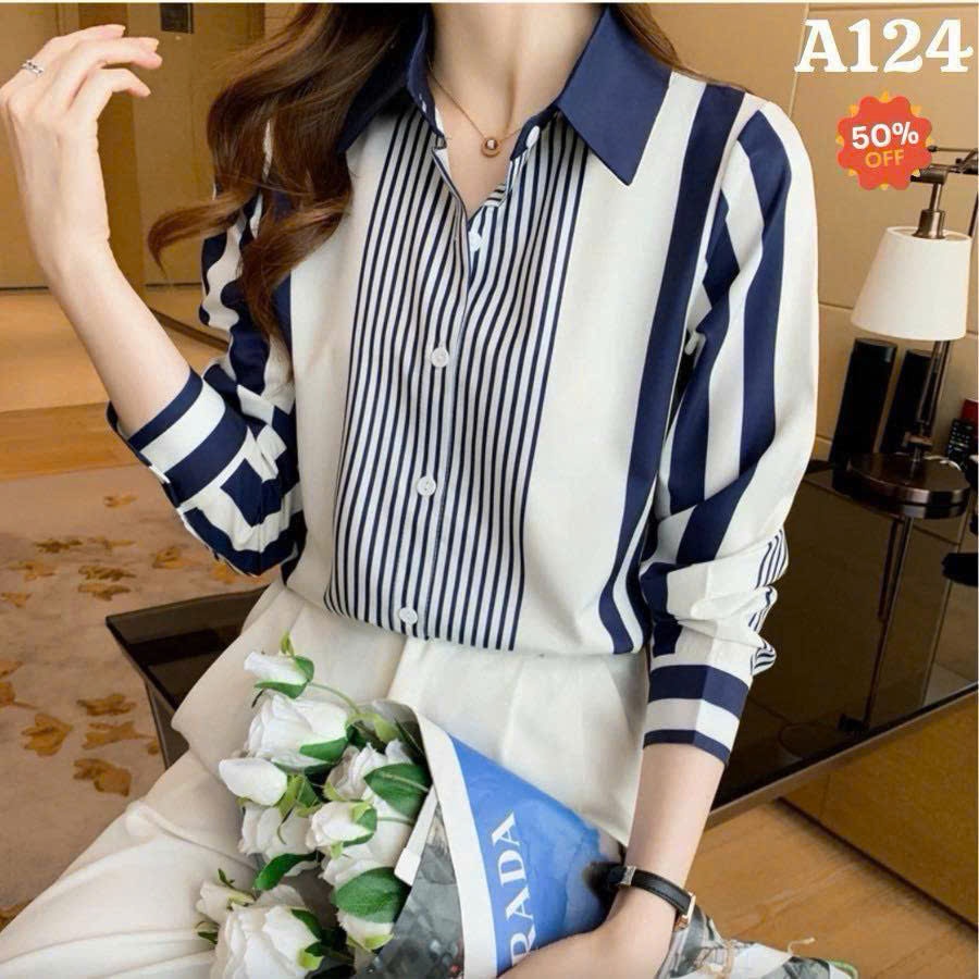 Áo Sơ Mi Nữ Lụa Mango Dài Tay Kẻ Sọc Xanh Trắng To Nhỏ Thanh Lịch Công Sở - A124