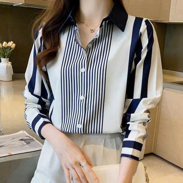 Áo Sơ Mi Nữ Lụa Mango Dài Tay Kẻ Sọc Xanh Trắng To Nhỏ Thanh Lịch Công Sở - A124