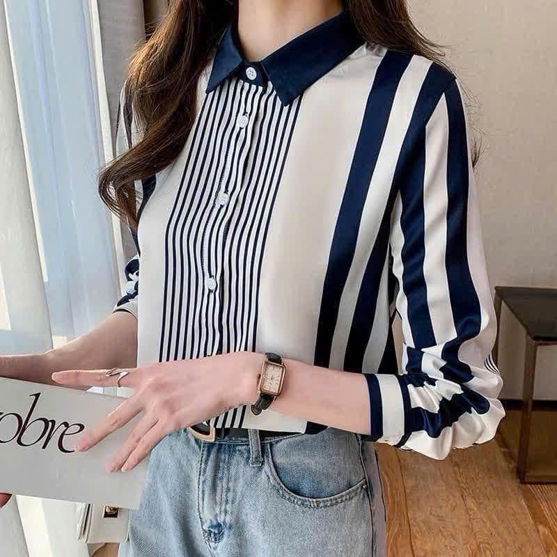 Áo Sơ Mi Nữ Lụa Mango Dài Tay Kẻ Sọc Xanh Trắng To Nhỏ Thanh Lịch Công Sở - A124