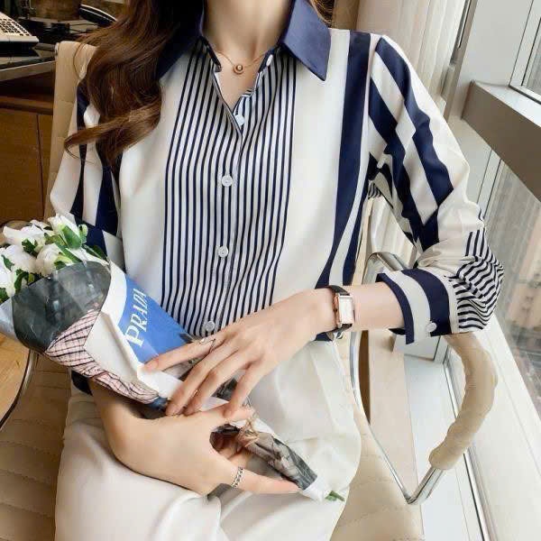 Áo Sơ Mi Nữ Lụa Mango Dài Tay Kẻ Sọc Xanh Trắng To Nhỏ Thanh Lịch Công Sở - A124