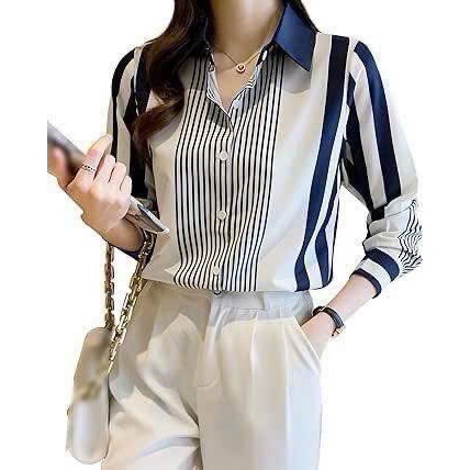 Áo Sơ Mi Nữ Lụa Mango Dài Tay Kẻ Sọc Xanh Trắng To Nhỏ Thanh Lịch Công Sở - A124