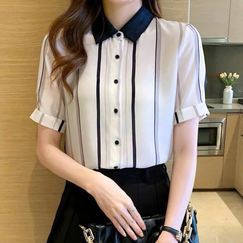 Áo Sơ Mi Nữ Lụa Mango Tay Ngắn Kẻ Sọc Cổ Phối Màu Thanh Lịch Công Sở T&H -  Mã A139