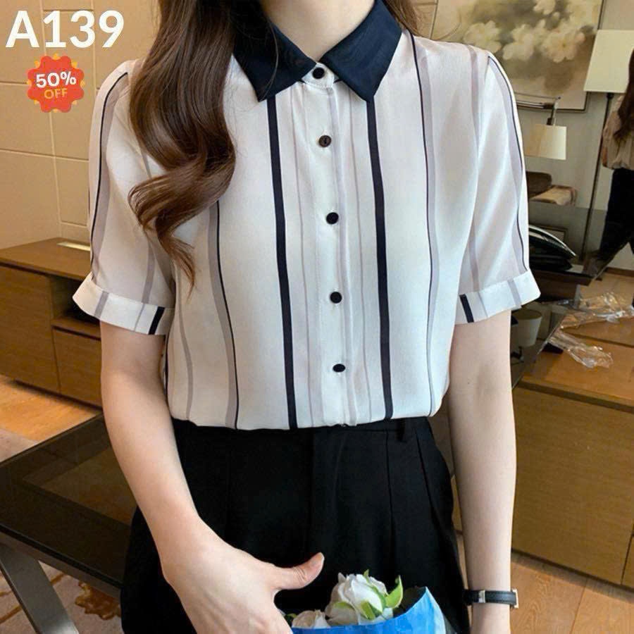 Áo Sơ Mi Nữ Lụa Mango Tay Ngắn Kẻ Sọc Cổ Phối Màu Thanh Lịch Công Sở T&H -  Mã A139