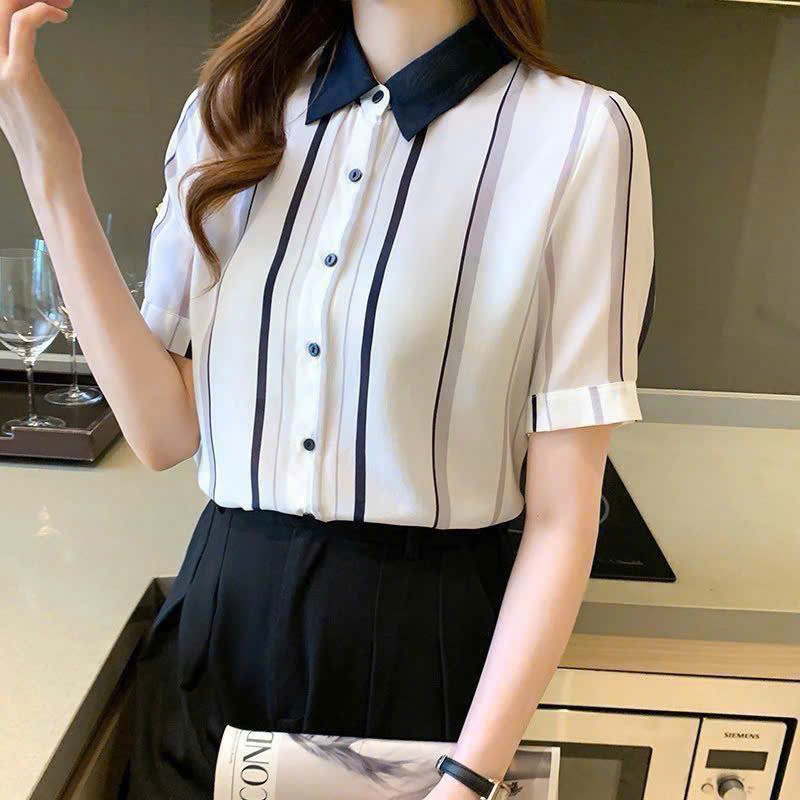 Áo Sơ Mi Nữ Lụa Mango Tay Ngắn Kẻ Sọc Cổ Phối Màu Thanh Lịch Công Sở T&H -  Mã A139