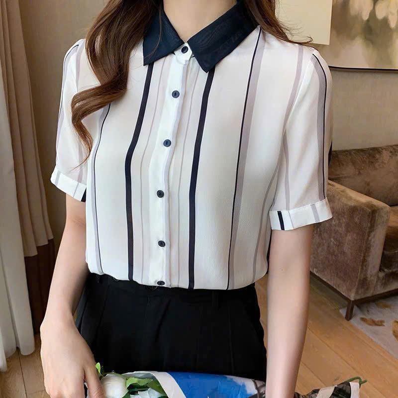Áo Sơ Mi Nữ Lụa Mango Tay Ngắn Kẻ Sọc Cổ Phối Màu Thanh Lịch Công Sở T&H -  Mã A139