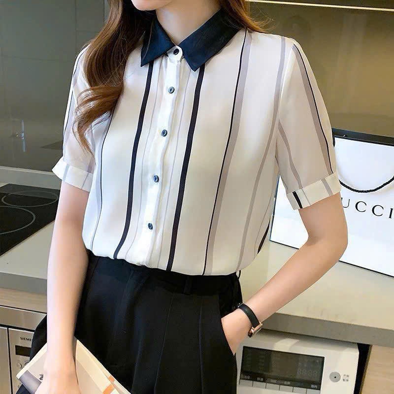 Áo Sơ Mi Nữ Lụa Mango Tay Ngắn Kẻ Sọc Cổ Phối Màu Thanh Lịch Công Sở T&H -  Mã A139
