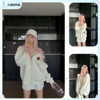 Set Bộ Nỉ Nữ Thu Đông CHEPOL Cổ Khóa, In Trái Tim ( Áo Hoodie Khóa Trắng + Chân Váy Trắng ) Chất Nỉ Chân Cua CP_15924