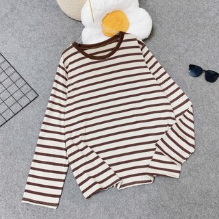 Áo Thun Sọc Ngang Bigszie Nữ Tay Dài Form Rộng Vải Thunn Cotton Co Giãn Cho Chubby A311