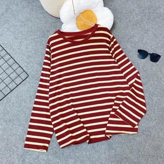 Áo Thun Sọc Ngang Bigszie Nữ Tay Dài Form Rộng Vải Thunn Cotton Co Giãn Cho Chubby A311