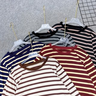 Áo Thun Sọc Ngang Bigszie Nữ Tay Dài Form Rộng Vải Thunn Cotton Co Giãn Cho Chubby A311