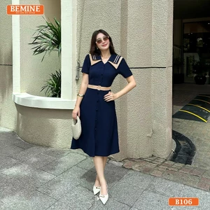 Đầm thiết kế BEMINE cổ chữ V hai lớp phối viền dáng chữ A phù hợp đi làm-B106