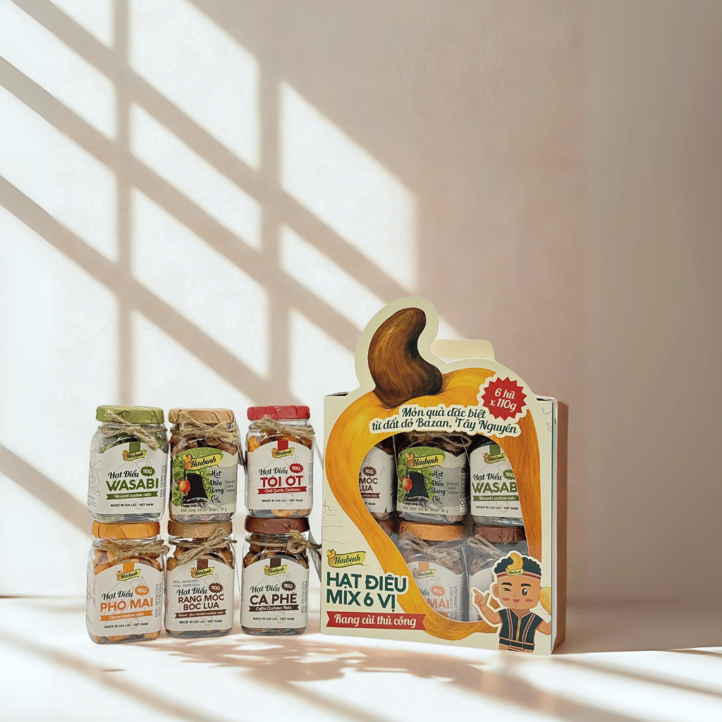 |Box 6| Hộp 6 hạt điều mix vị (điều tỏi ớt, điều phô mai, điều wasabi, điều cà phê, điều rang củi, điều rang mọc bóc lụa