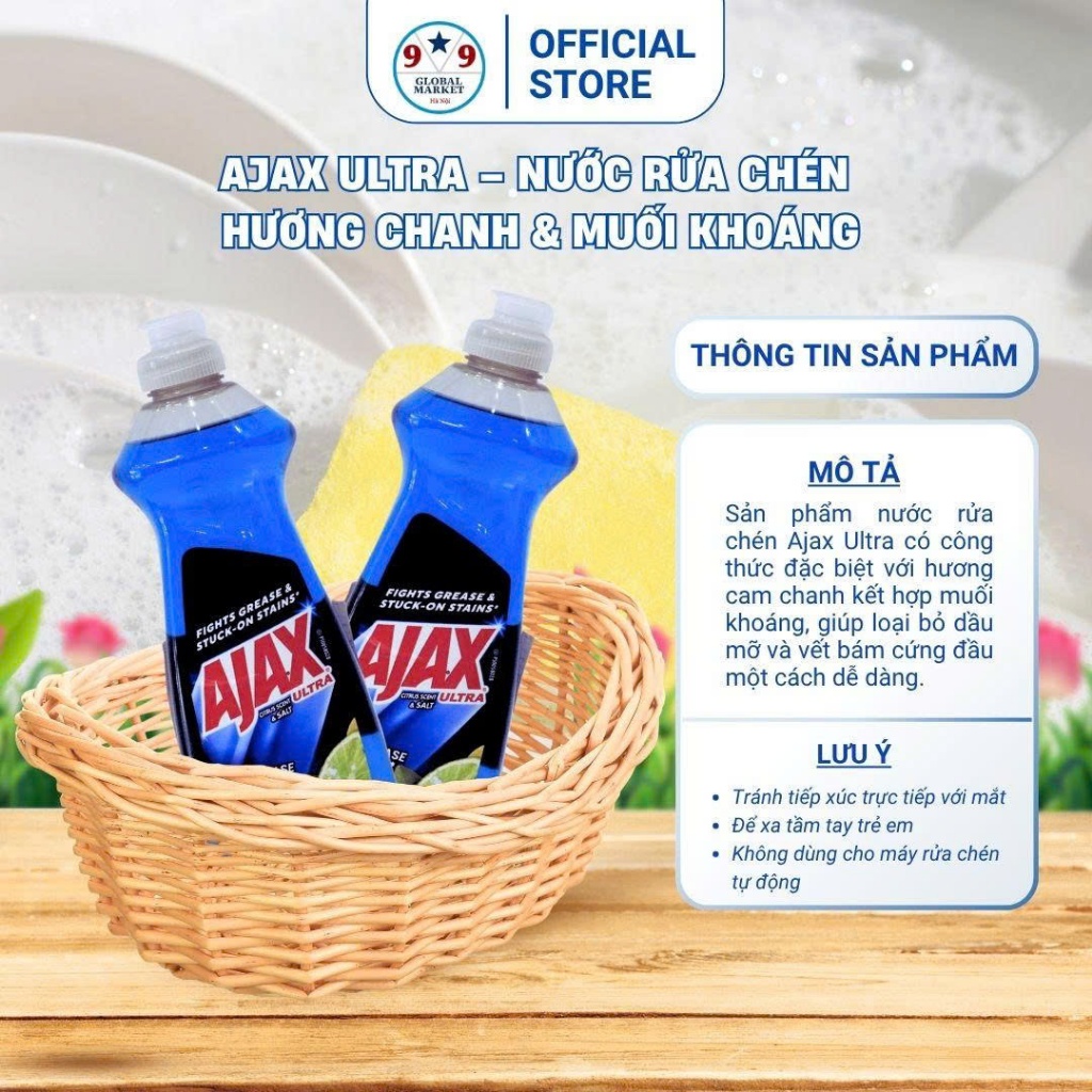Nước rửa chén   -    Ajax Ultra    -  hương chanh & muối khoáng  -  336ml