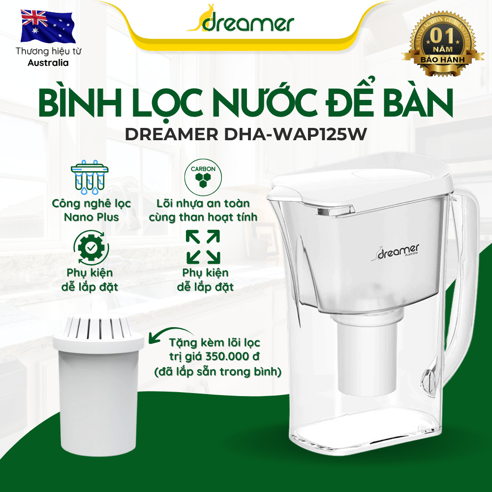 Bình Lọc Nước Để Bàn DREAMER DHA-WAP125W, bổ sung khoáng chất tốt cho tiêu hoá -[HÀNG ÚC CHÍNH HÃNG]-BH 12 tháng