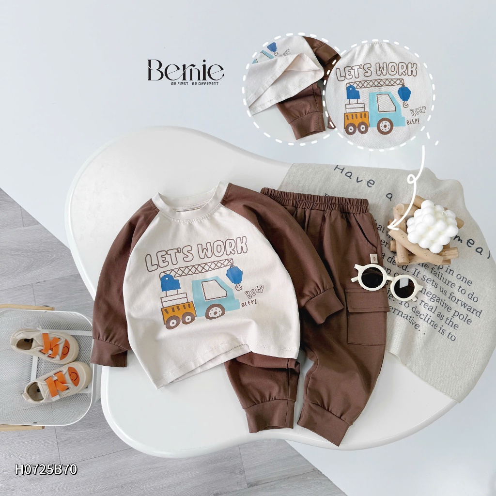 Bộ cotton dài tay in ô tô let's work cá tính cho bé trai, bộ thun cotton cổ tròn dày dặn mềm mịn H0725B70