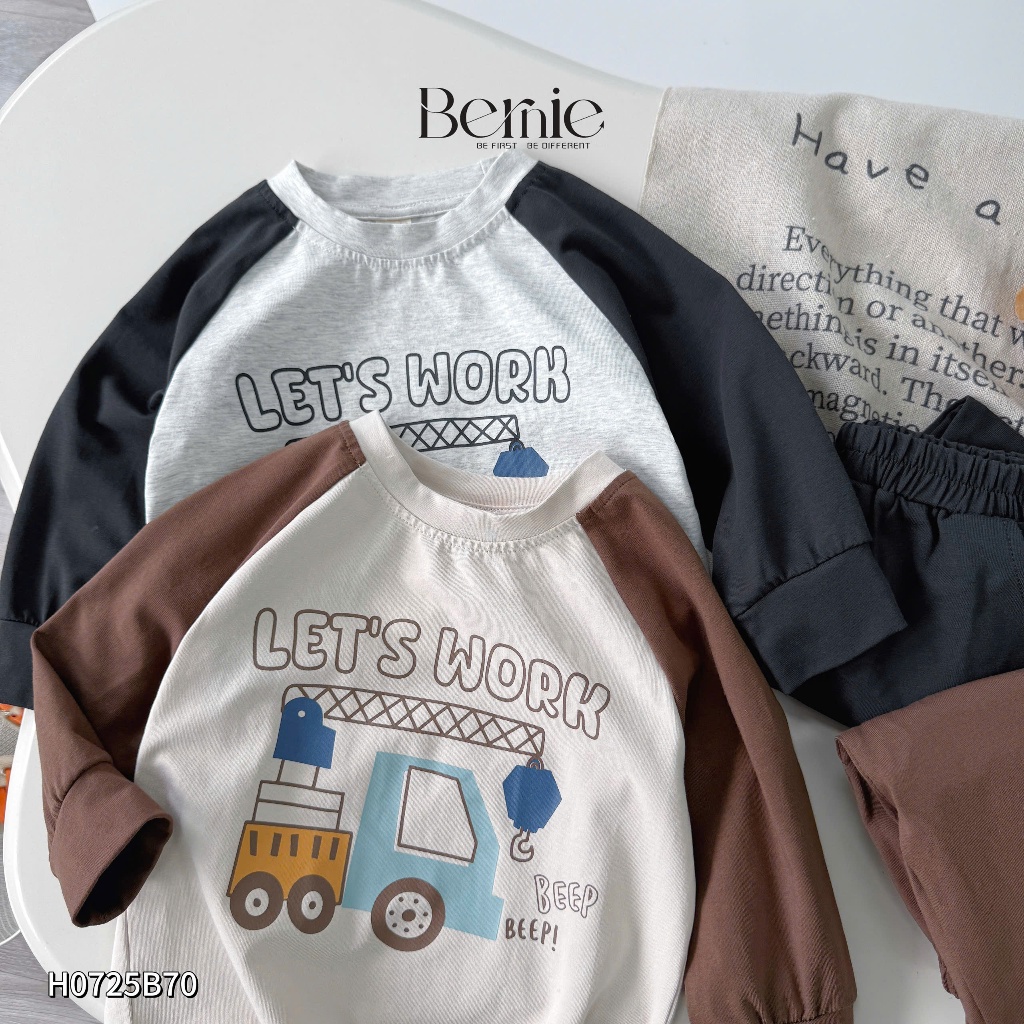 Bộ cotton dài tay in ô tô let's work cá tính cho bé trai, bộ thun cotton cổ tròn dày dặn mềm mịn H0725B70