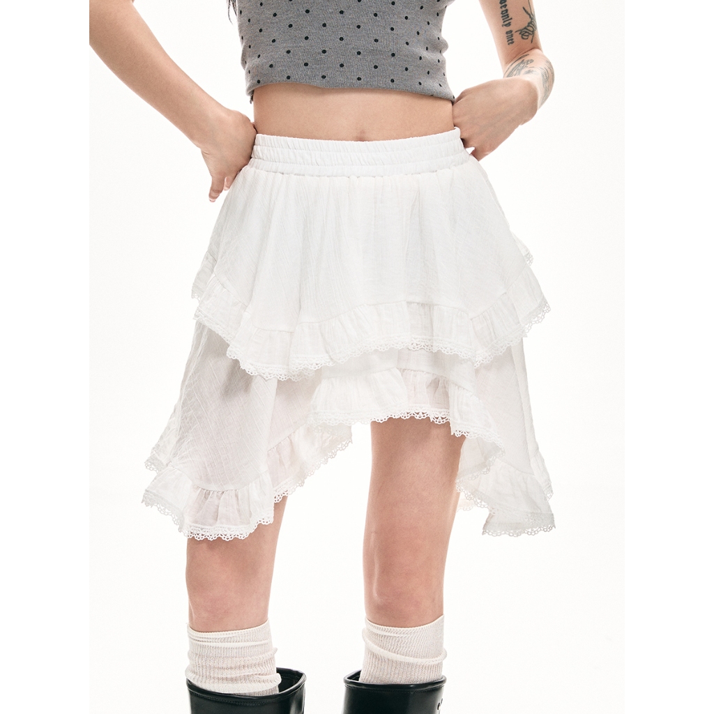 [KH29] Chân Váy Xếp Tầng Trắng Dáng Ngắn, Bất Đối Xứng  Cá Tính Vintage | KHAO BOUTIQUE