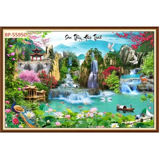 Tranh SƠN THUỶ 3d thác nước chảy rừng cây trong lành