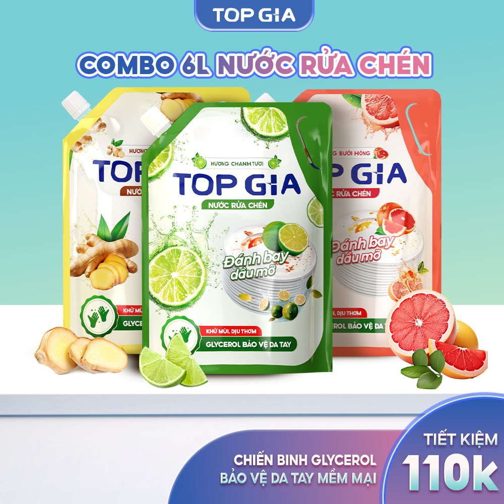 Nước rửa chén bát TOPGIA thiên nhiên, đánh bay dầu mỡ cứng đầu, an toàn cho gia đình chanh bưởi gừng