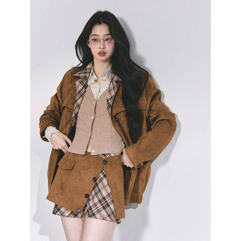 [KH23] Chân Váy Da Lộn Nâu Phối Caro Vintage Chân Váy Ngắn Xếp Tầng Giả Quần Cá Tính | KHAO Boutique