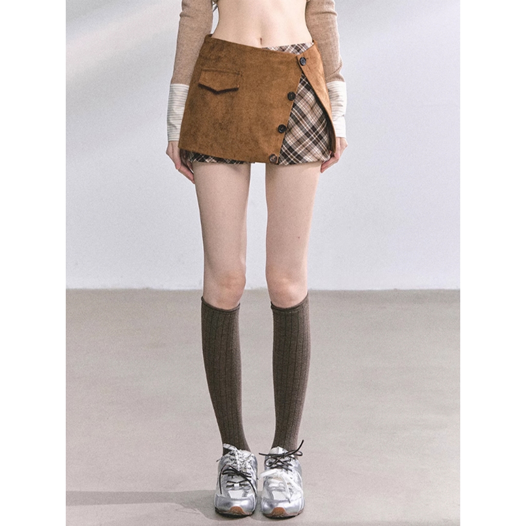 [KH23] Chân Váy Da Lộn Nâu Phối Caro Vintage Chân Váy Ngắn Xếp Tầng Giả Quần Cá Tính | KHAO Boutique