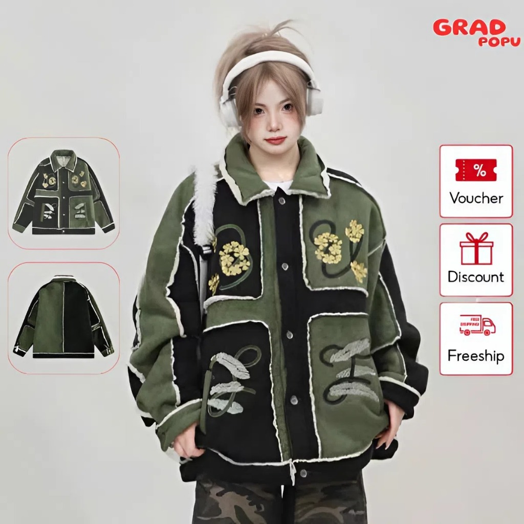 Áo khoác cotton nam nữ dáng rộng thêu họa tiết tương phản phong cách thường ngày 2025 AK76