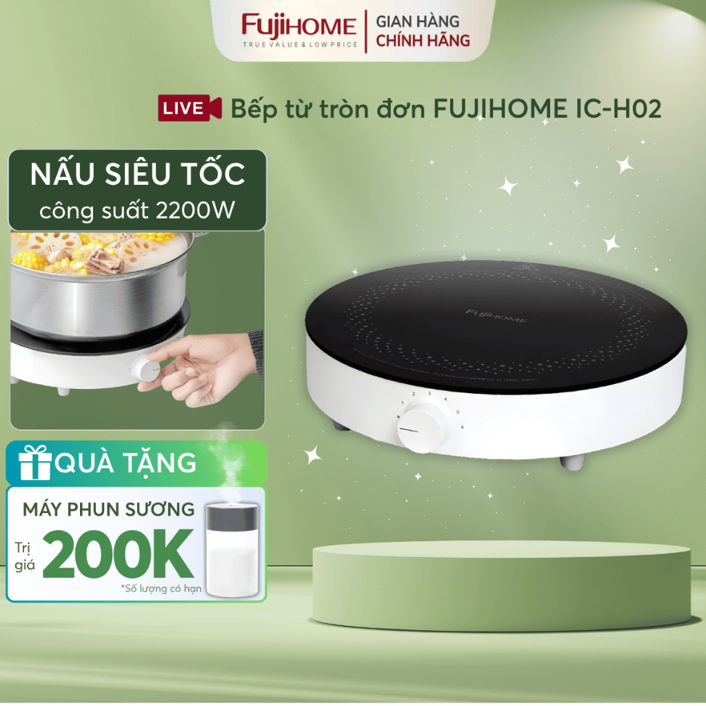 Bếp từ inverter FUJIHOME IC-H02 chống nước 2200W mini màu trắng