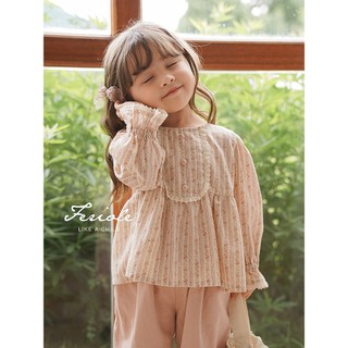 Áo Cho Bé Gái, Áo Dài Tay Cho Bé Gái Thiết Kế Tiểu Thư Tay Bèo Họa Tiết Hoa Nhí Chất Liệu Cotton