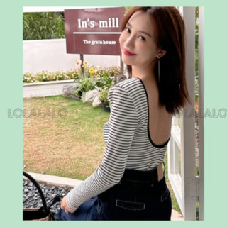 Áo thun tay dài hở lưng Thu Đông chất thun gân dày dặn - Áo kẻ sọc tay dài hở lưng Freesize Lolalalo