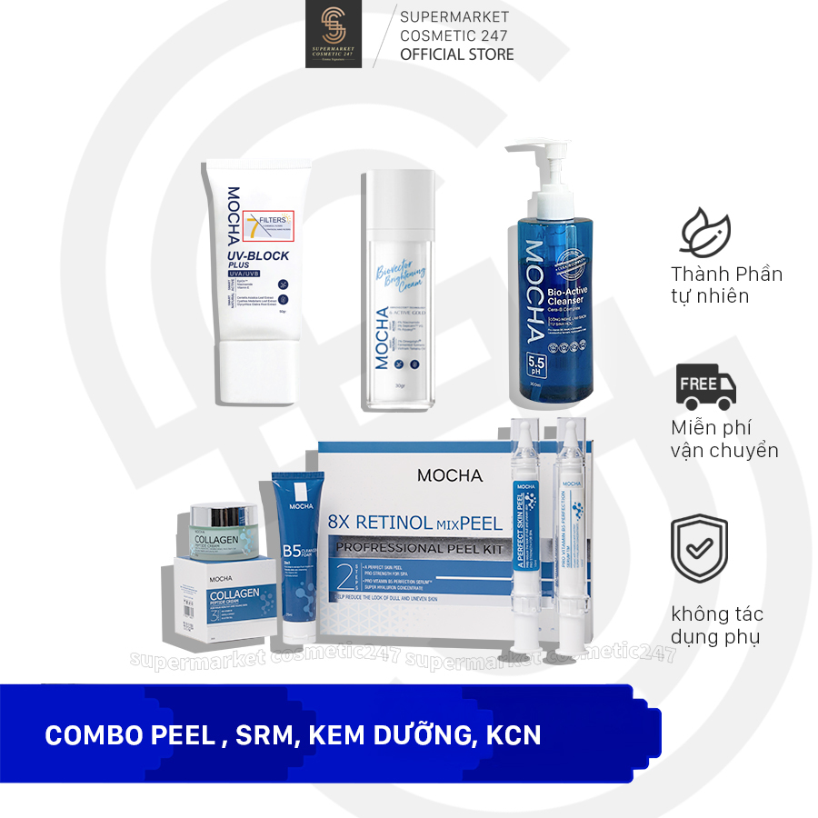 Combo 4in1 Peel mocha + kem chống nắng + sữa rửa mặt 300ml + kem dưỡng trắng biovector phục hồi da dưỡng trắng