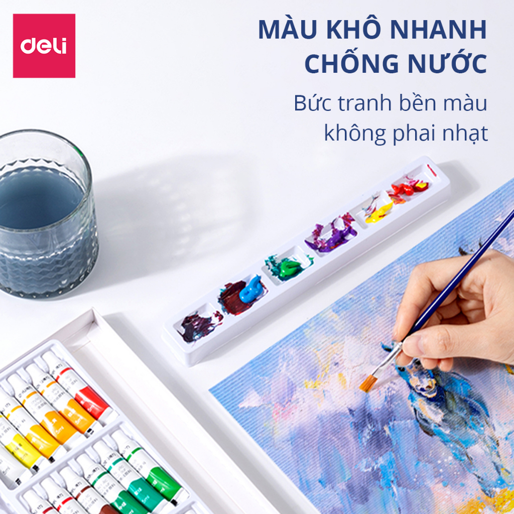 Deli Bộ Màu Acrylic Dạng Tuýp 5ml, Chống Nước  Màu Tươi, Nhanh Khô, Kèm Khay Cọ