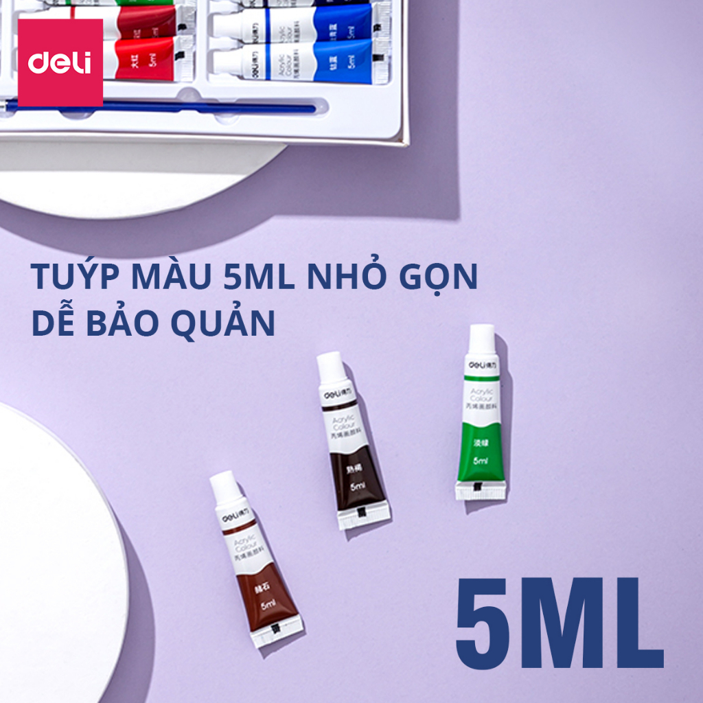 Deli Bộ Màu Acrylic Dạng Tuýp 5ml, Chống Nước  Màu Tươi, Nhanh Khô, Kèm Khay Cọ