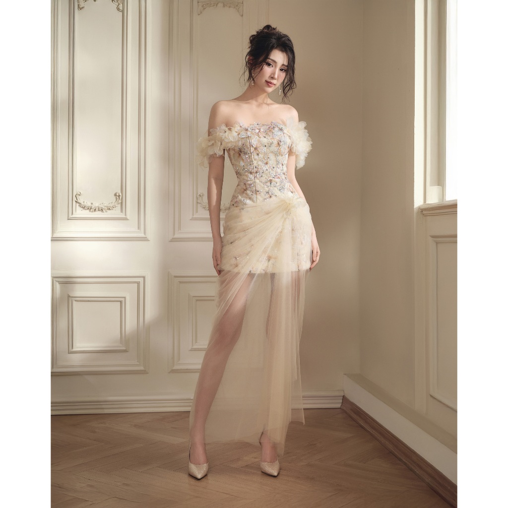 Váy Florence Drapping tùng lưới bắt xếp đính hoa 3d nữ đi tiệc